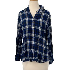 American Eagle Womens Boyfriend Fit Button-Down Flannel Shirt Blue/White Plaid L